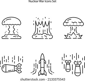 White Line Nuclear Explosion Icons Isolated On Black Background. Atomic Bomb. Symbol Of Nuclear War, End Of World. 