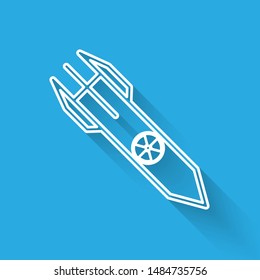 White line Nuclear rocket icon isolated with long shadow. Rocket bomb flies down.  Vector Illustration