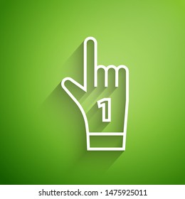 White line Number 1 one fan hand glove with finger raised icon isolated on green background. Symbol of team support in competitions.  Vector Illustration