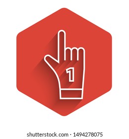 White line Number 1 one fan hand glove with finger raised icon isolated with long shadow. Symbol of team support in competitions. Red hexagon button. Vector Illustration