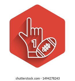 White line Number 1 one fan hand glove with finger raised and american football ball icon isolated with long shadow. Set of sport equipment. Red hexagon button. Vector Illustration