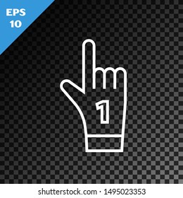 White line Number 1 one fan hand glove with finger raised icon isolated on transparent dark background. Symbol of team support in competitions.  Vector Illustration