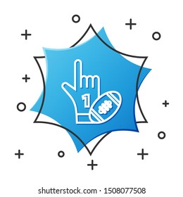 White line Number 1 one fan hand glove with finger raised and american football ball icon isolated on white background. Set of sport equipment. Blue hexagon button. Vector Illustration