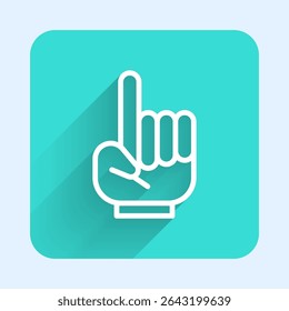 White line Number 1 one fan hand glove with finger raised icon isolated with long shadow. Symbol of team support in competitions. Green square button. Vector Illustration