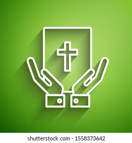 White line Oath on the Holy Bible icon isolated on green background. The procedure in court. Truth and truth. Promise before god.  Vector Illustration