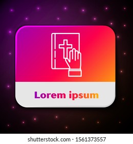 White line Oath on the Holy Bible icon isolated on black background. The procedure in court. Truth and truth. Promise before god. Rectangle color button. Vector Illustration