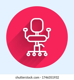 White line Office chair icon isolated with long shadow. Red circle button. Vector Illustration