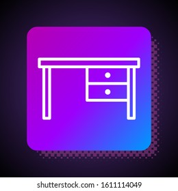 White line Office desk icon isolated on black background. Square color button. Vector Illustration