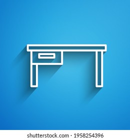 White line Office desk icon isolated on blue background. Long shadow. Vector