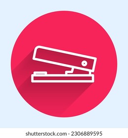 White line Office stapler icon isolated with long shadow. Stapler, staple, paper, cardboard, office equipment. Red circle button. Vector Illustration