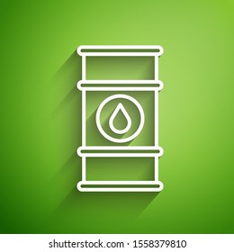 White line Oil barrel line icon isolated on green background. Oil drum container. For infographics, fuel, industry, power, ecology.  Vector Illustration