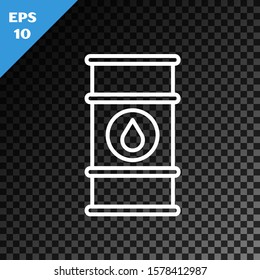 White line Oil barrel line icon isolated on transparent dark background. Oil drum container. For infographics, fuel, industry, power, ecology.  Vector Illustration