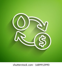 White line Oil exchange, water transfer, convert icon isolated on green background.  Vector Illustration