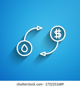 White line Oil exchange, water transfer, convert icon isolated on blue background. Long shadow. Vector Illustration