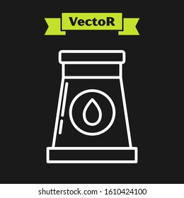 White line Oil and gas industrial factory building icon isolated on black background.  Vector Illustration