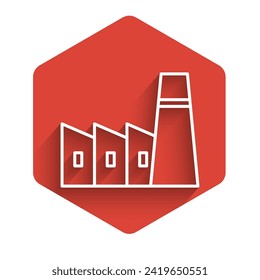 White line Oil and gas industrial factory building icon isolated with long shadow. Red hexagon button. Vector Illustration