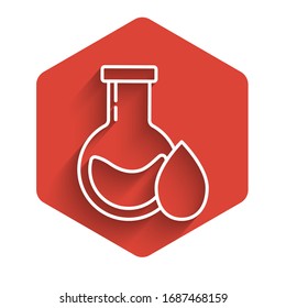 White line Oil petrol test tube icon isolated with long shadow. Red hexagon button. Vector Illustration