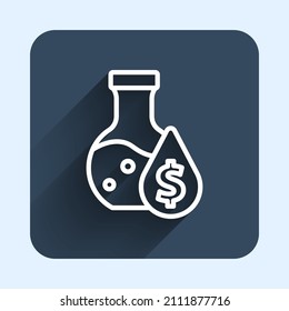 White line Oil petrol test tube icon isolated with long shadow background. Cmemistry flask and falling drop. Blue square button. Vector