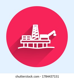 White line Oil platform in the sea icon isolated with long shadow. Drilling rig at sea. Oil platform, gas fuel, industry offshore. Red circle button. Vector Illustration