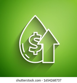 White line Oil price increase icon isolated on green background. Oil industry crisis concept.  Vector Illustration