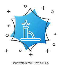 White line Oil pump or pump jack icon isolated on white background. Oil rig. Blue hexagon button. Vector Illustration
