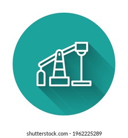 White line Oil pump or pump jack icon isolated with long shadow background. Oil rig. Green circle button. Vector