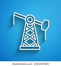 White line Oil pump or pump jack icon isolated on blue background. Oil rig. Long shadow. Vector