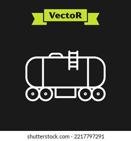 White line Oil railway cistern icon isolated on black background. Train oil tank on railway car. Rail freight. Oil industry.  Vector Illustration