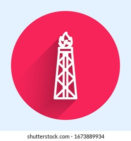 White line Oil rig with fire icon isolated with long shadow. Gas tower. Industrial object. Red circle button. Vector Illustration