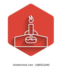 White line Oil rig with fire icon isolated with long shadow. Gas tower. Industrial object. Red hexagon button. Vector Illustration