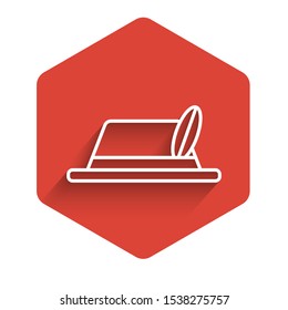 White line Oktoberfest hat icon isolated with long shadow. Hunter hat with feather. German hat. Red hexagon button. Vector Illustration