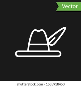 White line Oktoberfest hat icon isolated on black background. Hunter hat with feather. German hat.  Vector Illustration