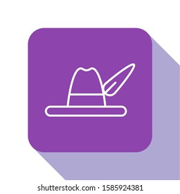 White line Oktoberfest hat icon isolated on white background. Hunter hat with feather. German hat. Purple square button. Vector Illustration