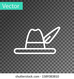 White line Oktoberfest hat icon isolated on transparent background. Hunter hat with feather. German hat.  Vector Illustration