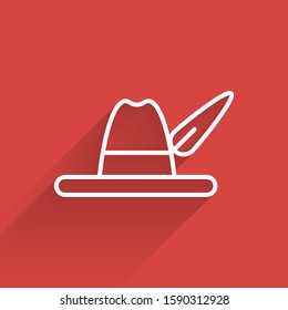 White line Oktoberfest hat icon isolated with long shadow. Hunter hat with feather. German hat.  Vector Illustration