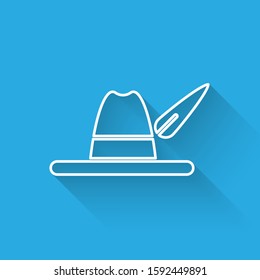 White line Oktoberfest hat icon isolated with long shadow. Hunter hat with feather. German hat.  Vector Illustration