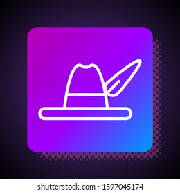 White line Oktoberfest hat icon isolated on black background. Hunter hat with feather. German hat. Square color button. Vector Illustration