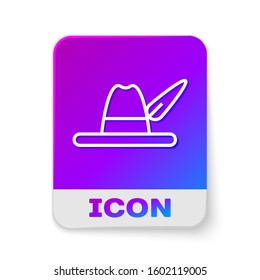 White line Oktoberfest hat icon isolated on white background. Hunter hat with feather. German hat. Rectangle color button. Vector Illustration