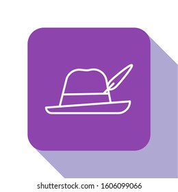 White line Oktoberfest hat icon isolated on white background. Hunter hat with feather. German hat. Purple square button. Vector Illustration