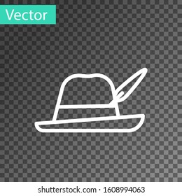 White line Oktoberfest hat icon isolated on transparent background. Hunter hat with feather. German hat.  Vector Illustration