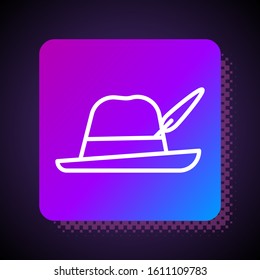 White line Oktoberfest hat icon isolated on black background. Hunter hat with feather. German hat. Square color button. Vector Illustration