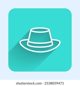 White line Oktoberfest hat icon isolated with long shadow background. Hunter hat with feather. German hat. Green square button. Vector