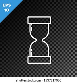 White line Old hourglass with flowing sand icon isolated on transparent dark background. Sand clock sign. Business and time management concept.  Vector Illustration