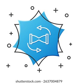 White line Old hourglass with flowing sand icon isolated on white background. Sand clock sign. Business and time management concept. Blue hexagon button. Vector