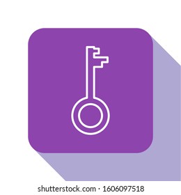 White line Old key icon isolated on white background. Purple square button. Vector Illustration