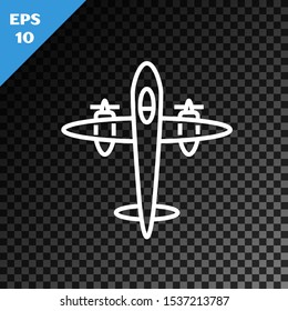 White line Old retro vintage plane icon isolated on transparent dark background. Flying airplane icon. Airliner sign.  Vector Illustration