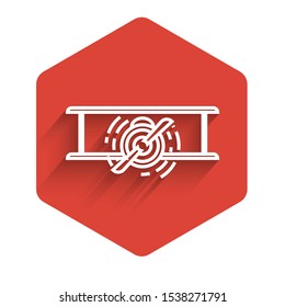White line Old retro vintage plane icon isolated with long shadow. Flying airplane icon. Airliner sign. Red hexagon button. Vector Illustration