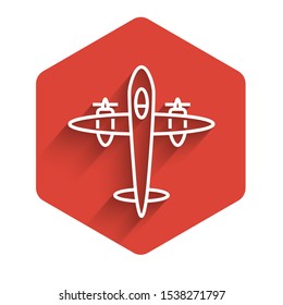 White line Old retro vintage plane icon isolated with long shadow. Flying airplane icon. Airliner sign. Red hexagon button. Vector Illustration