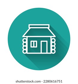 White line Old Ukrainian house hut icon isolated with long shadow. Traditional village house. Green circle button. Vector
