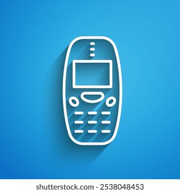 White line Old vintage keypad mobile phone icon isolated on blue background. Retro cellphone device. Vintage 90s mobile phone. Long shadow. Vector